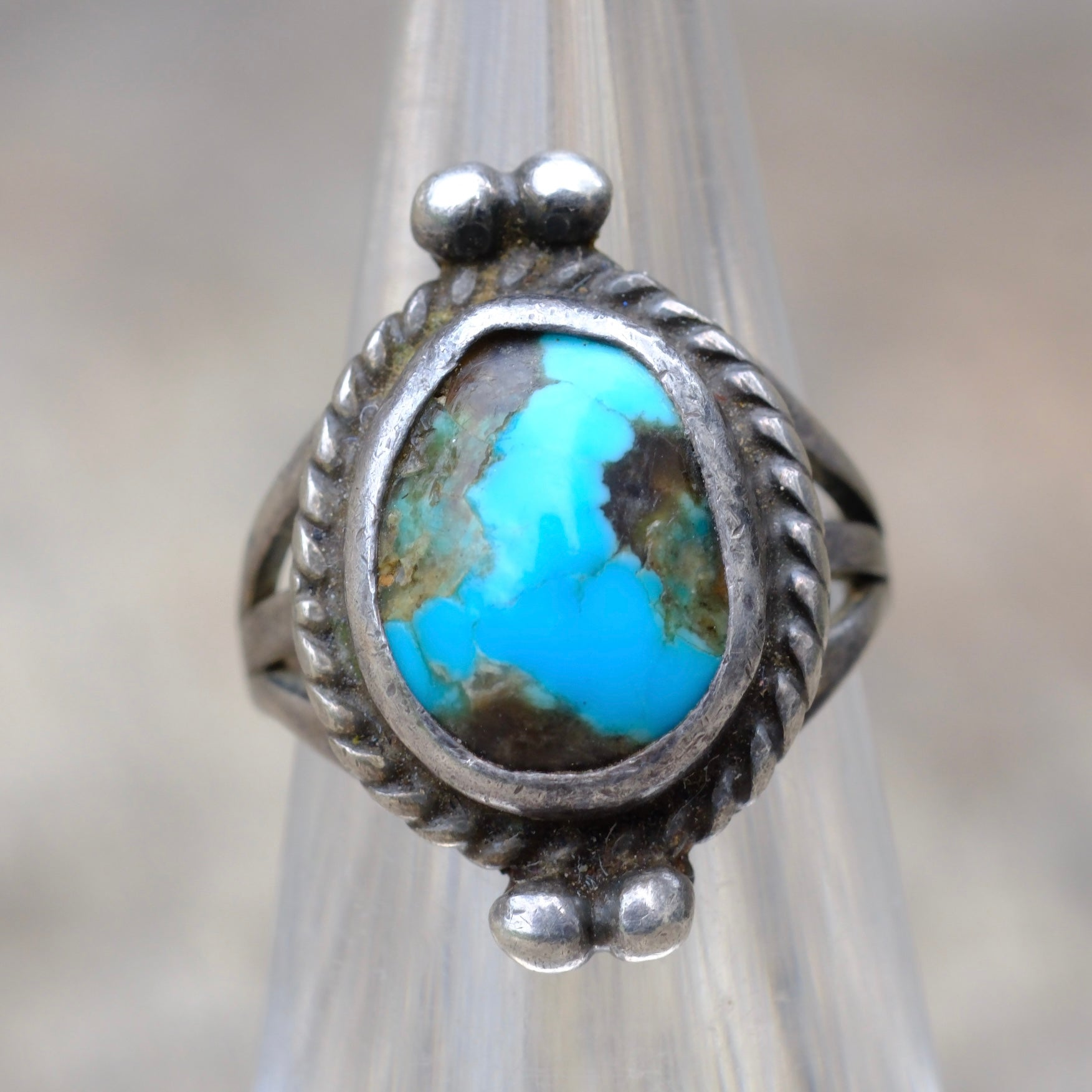 Vintage Sterling Turquoise Roper Ring 3.5
