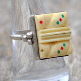 Vintage Sterling Carved Bone Mahjong Ring 8