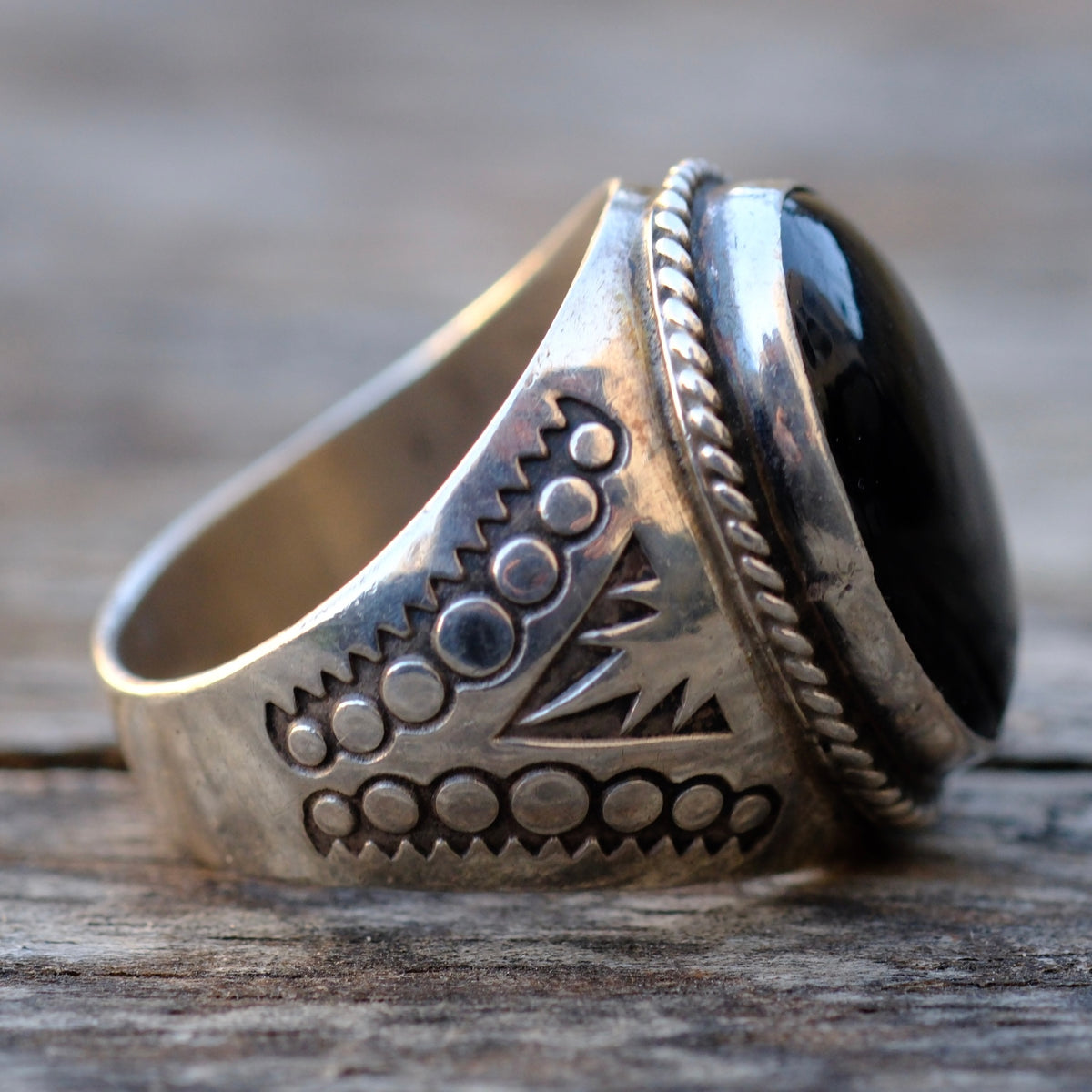 Vintage Sterling Onyx Stamped Band Ring 10.5