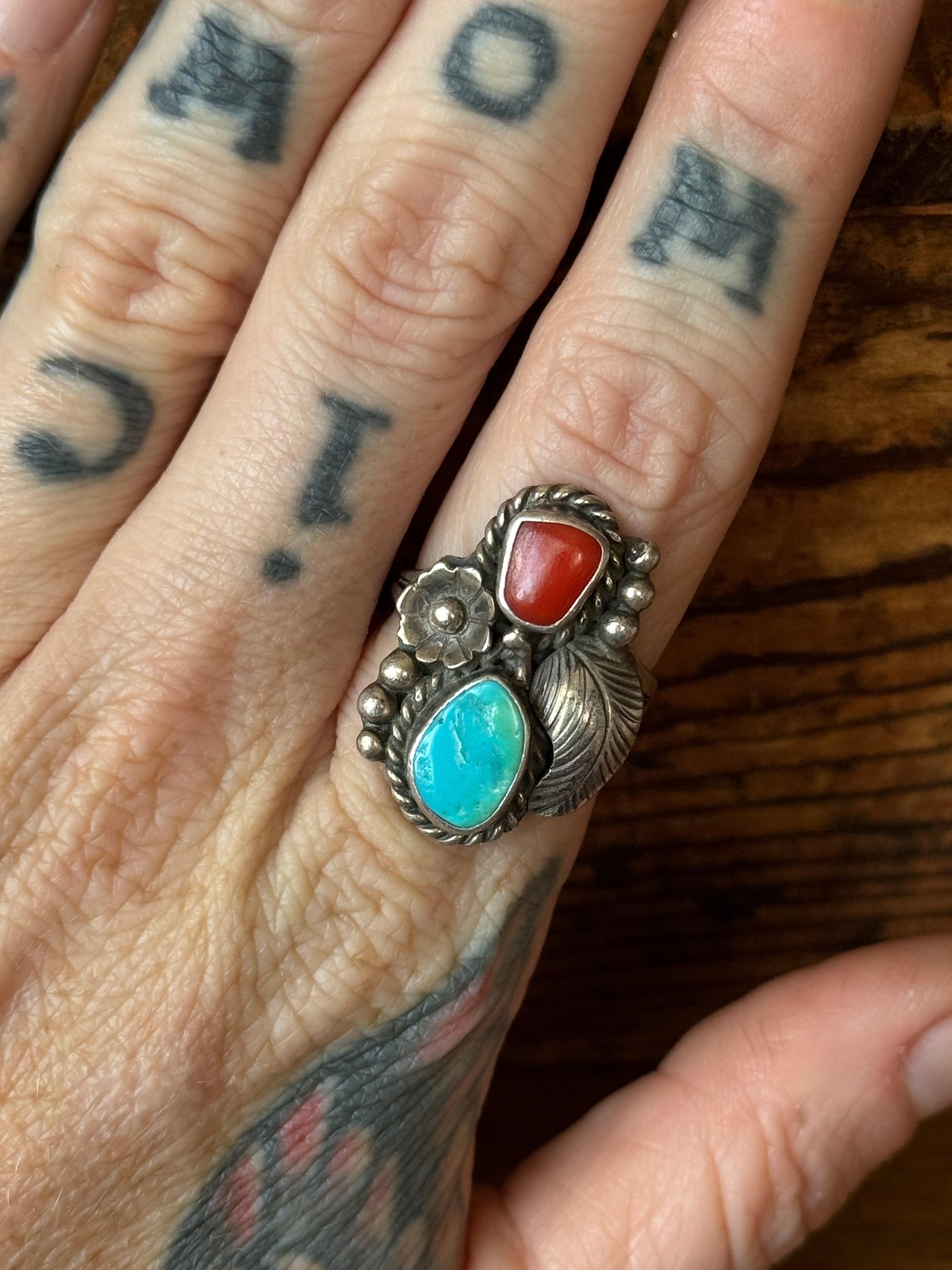 Vintage Sterling Silver Turquoise & Coral Feather Flower Ring 7
