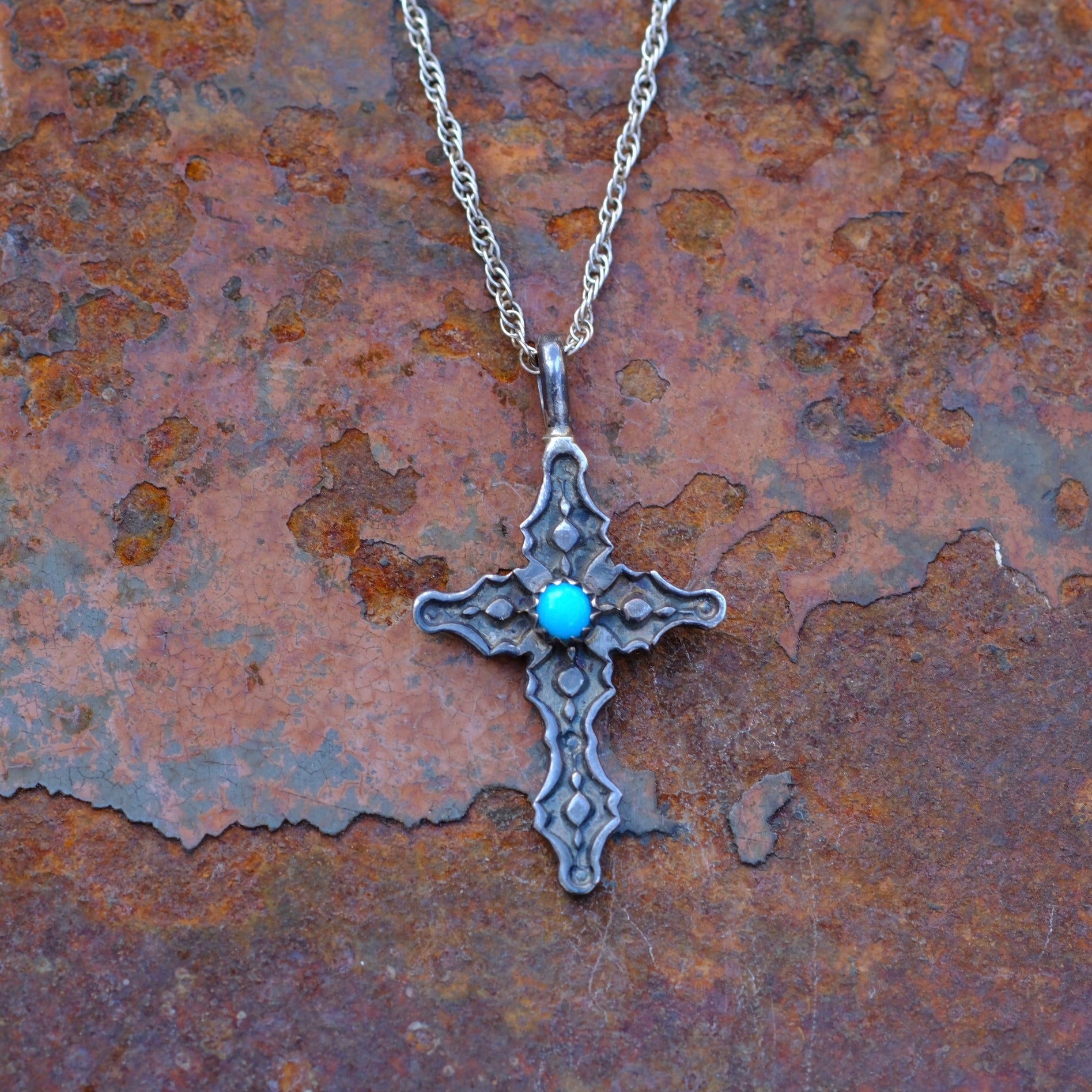 Vintage Sterling Silver Turquoise Stamped Cross Necklace