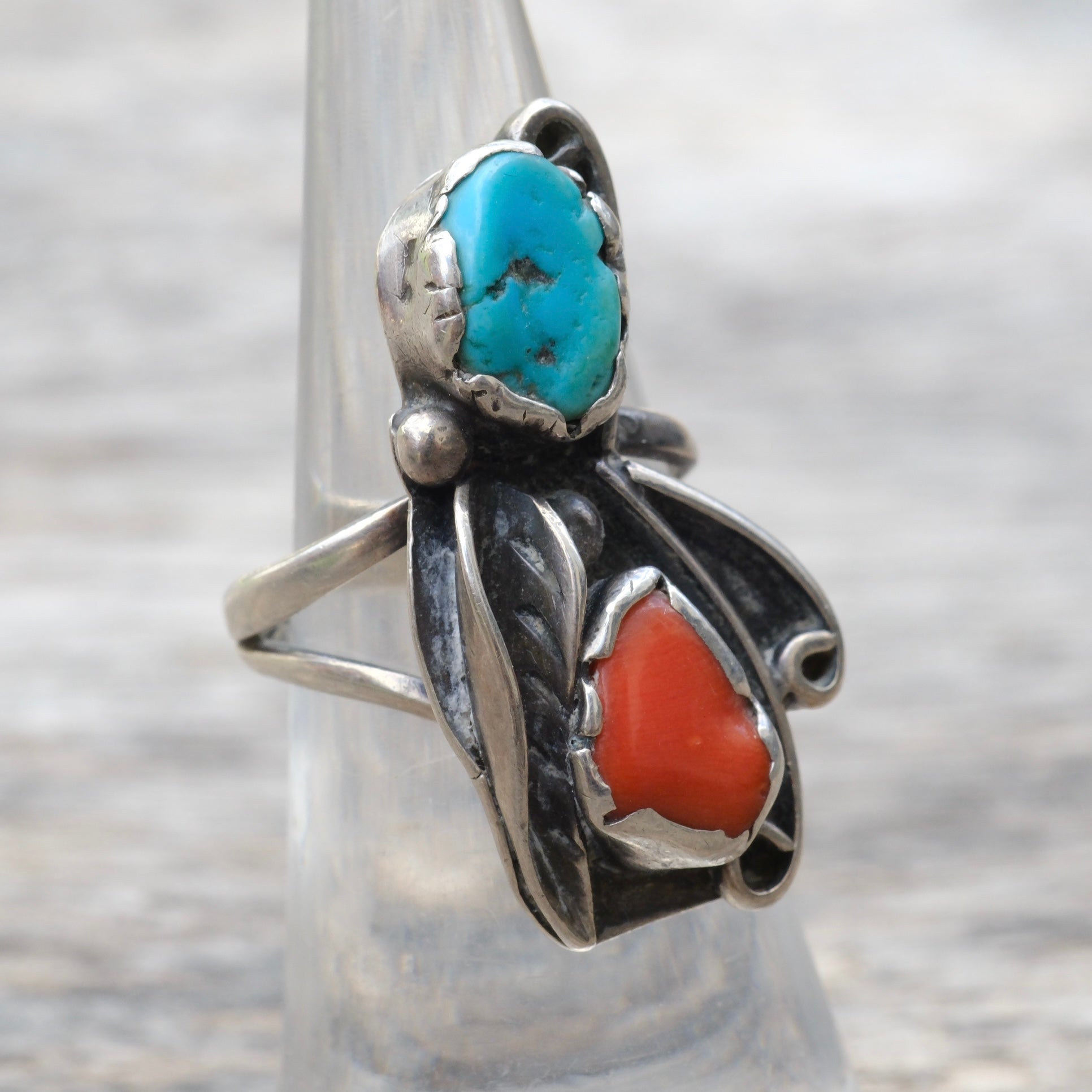 Vintage Sterling Turquoise and Coral Feather Ring 5.75