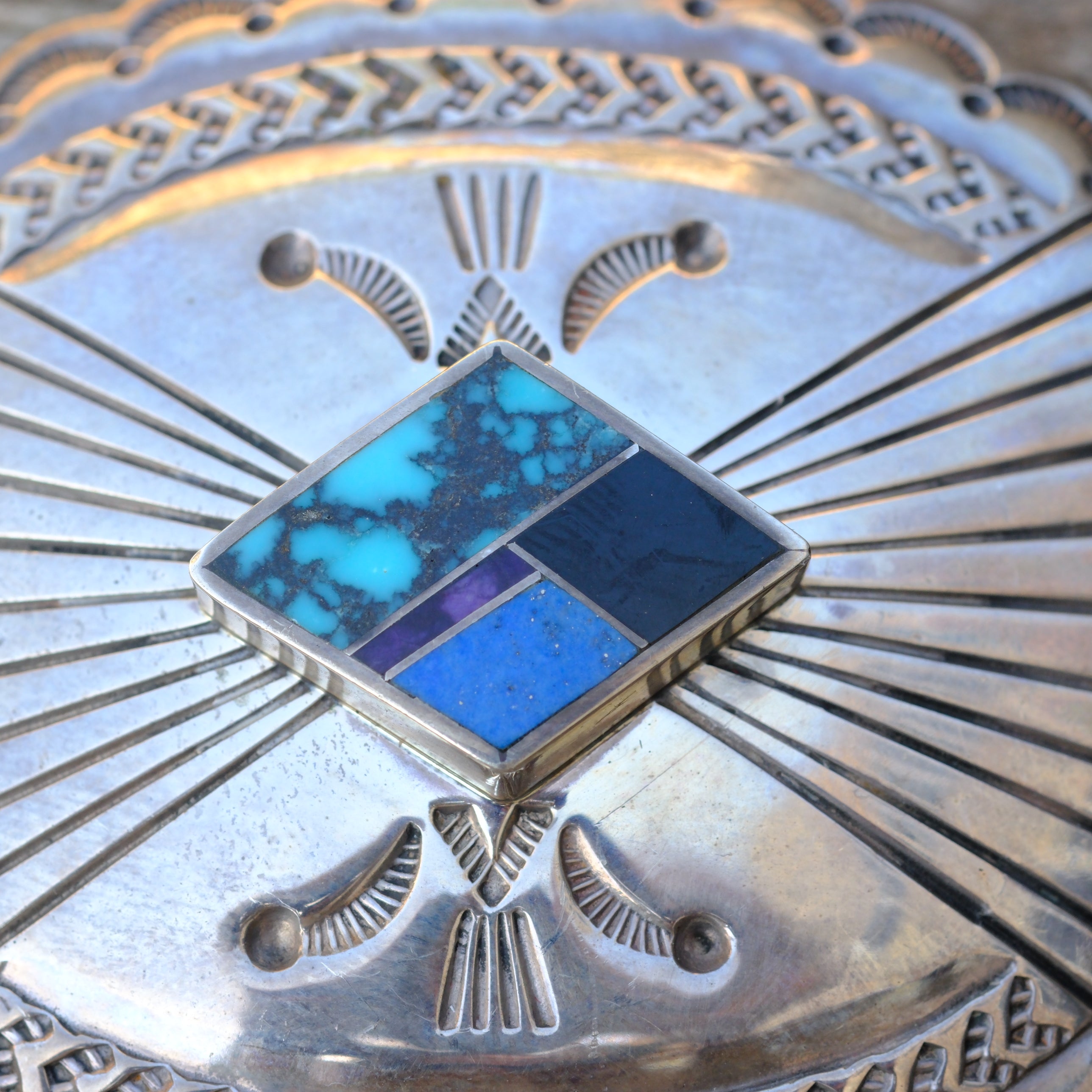 Vintage Sterling Multi Stone Inlay Stamped Belt Buckle