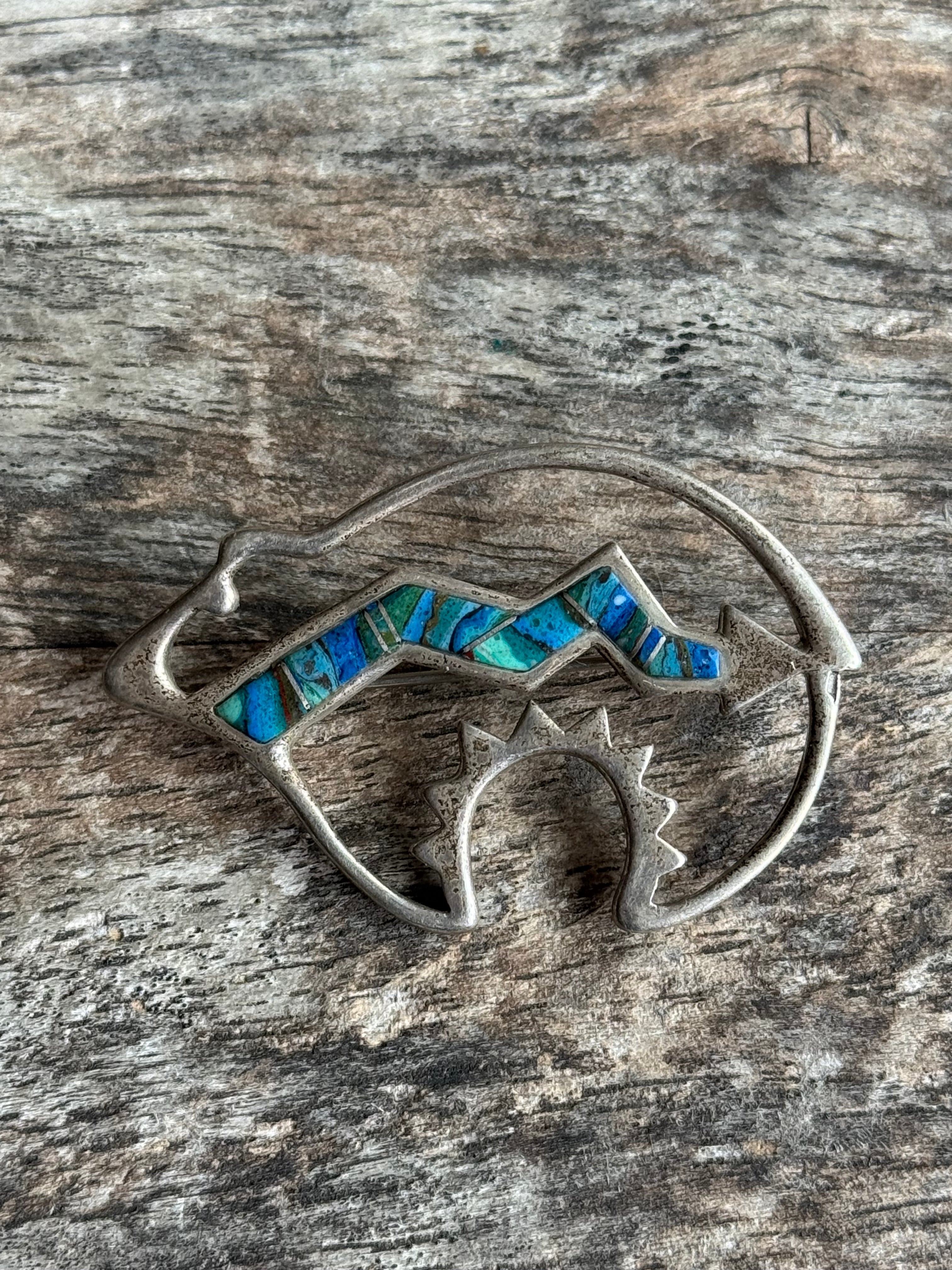 Vintage Sterling Silver Multistone Inlay Spirit Bear Pin