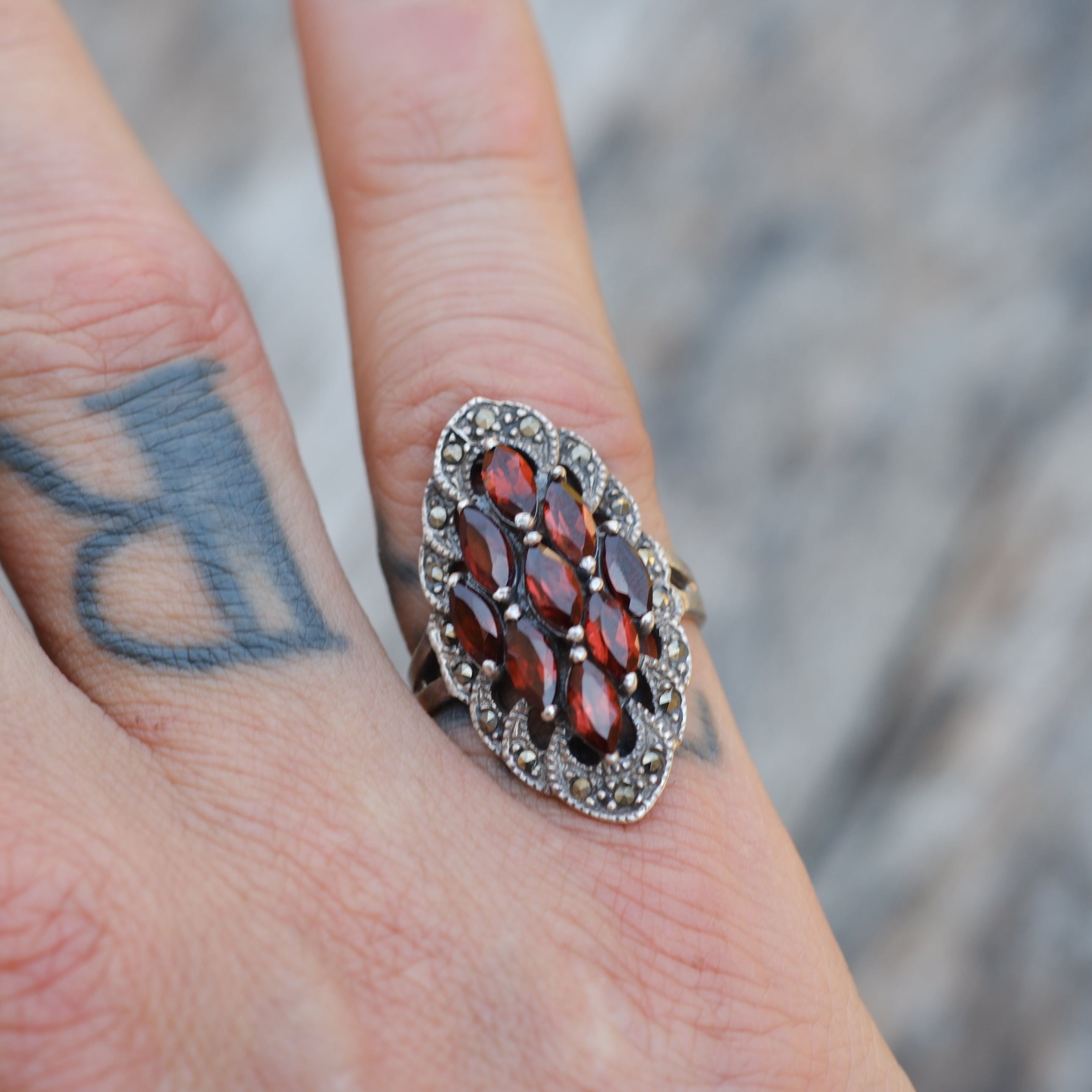 Vintage Sterling Red Glass Marcasite Ring 6.5