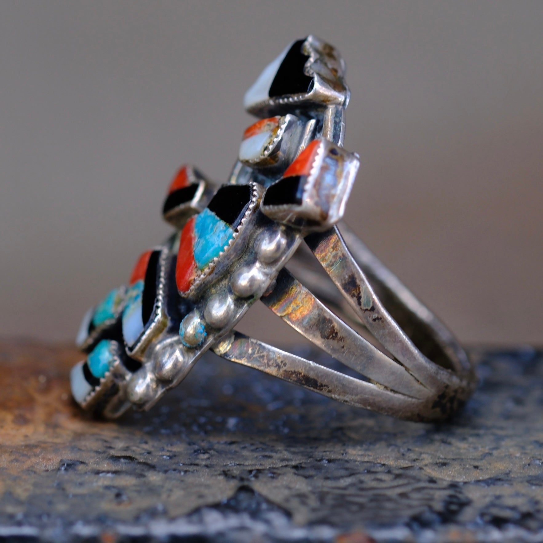 Vintage Sterling Multistone Inlay Kachina Dancer Ring 6.25