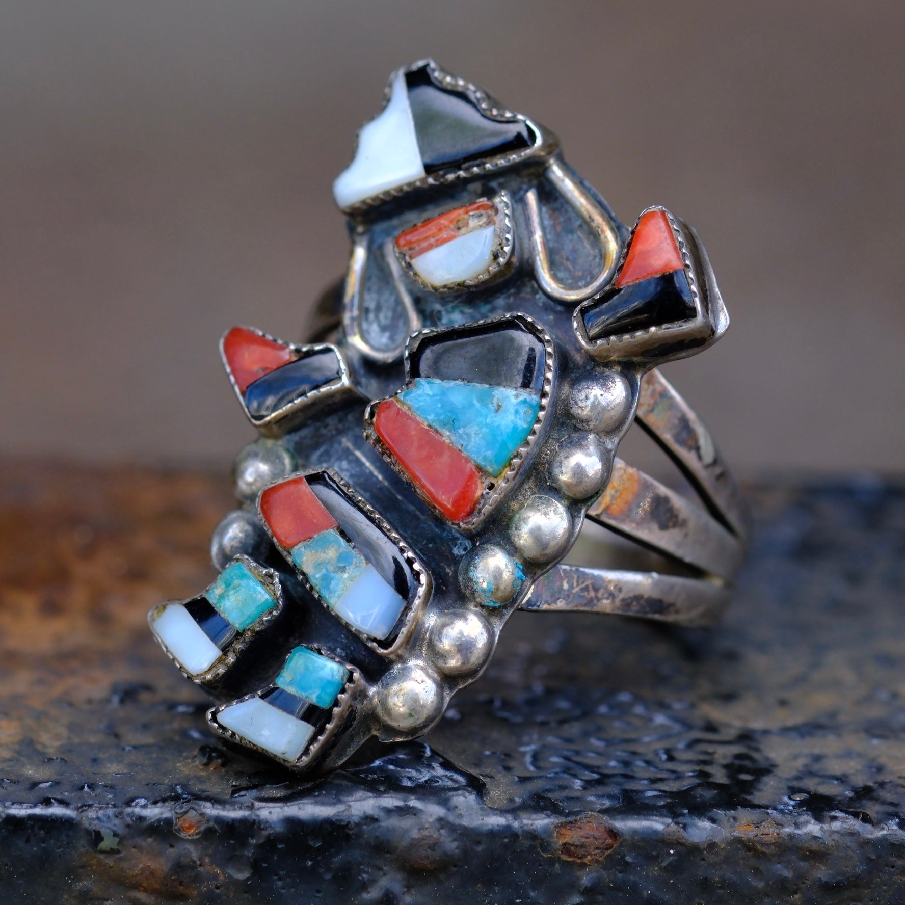 Vintage Sterling Multistone Inlay Kachina Dancer Ring 6.25