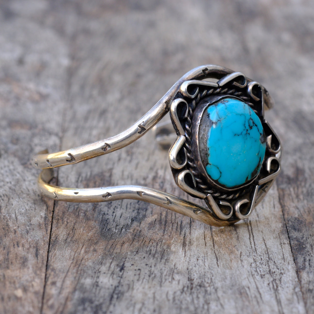 Vintage Sterling Turquoise Florette Cuff Bracelet