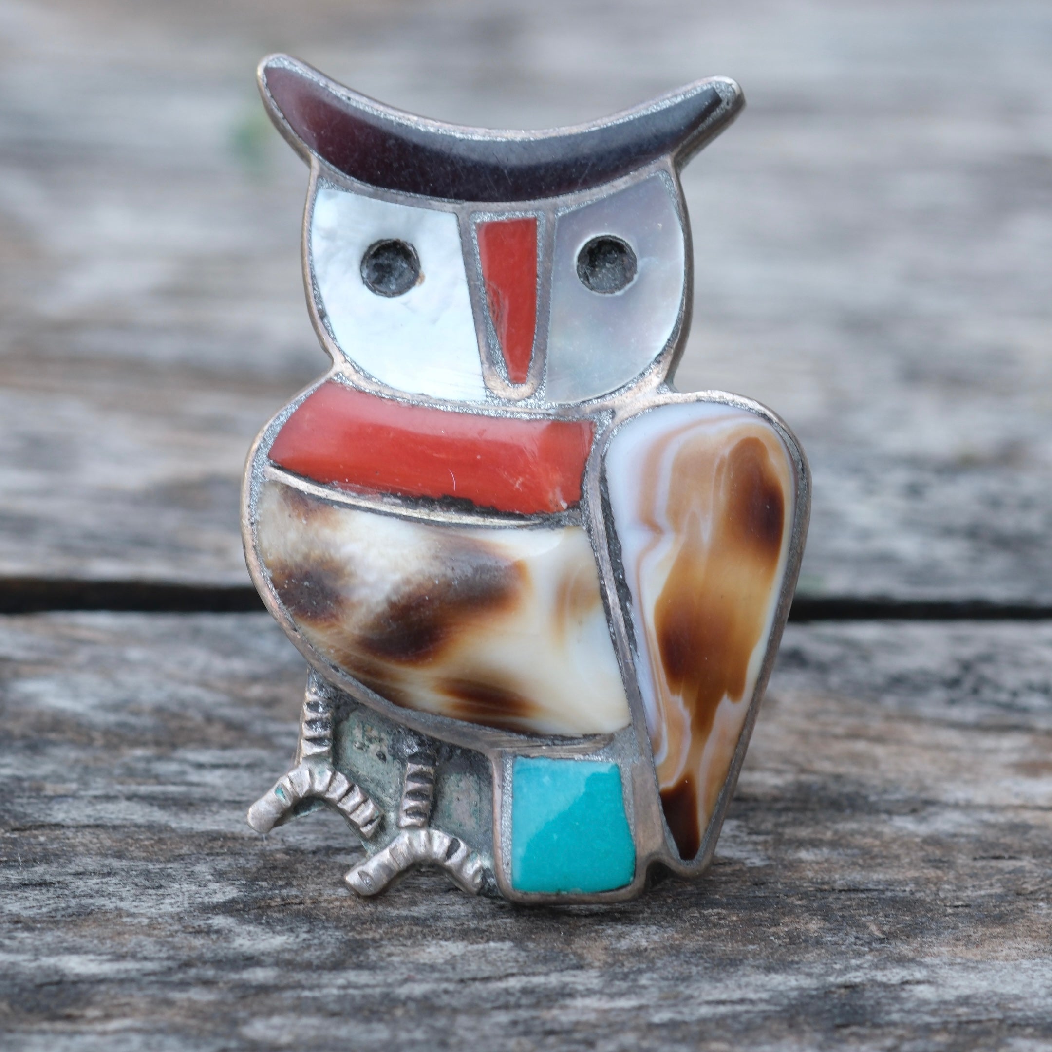 Vintage Sterling Multistone Inlay Owl Ring 7.75