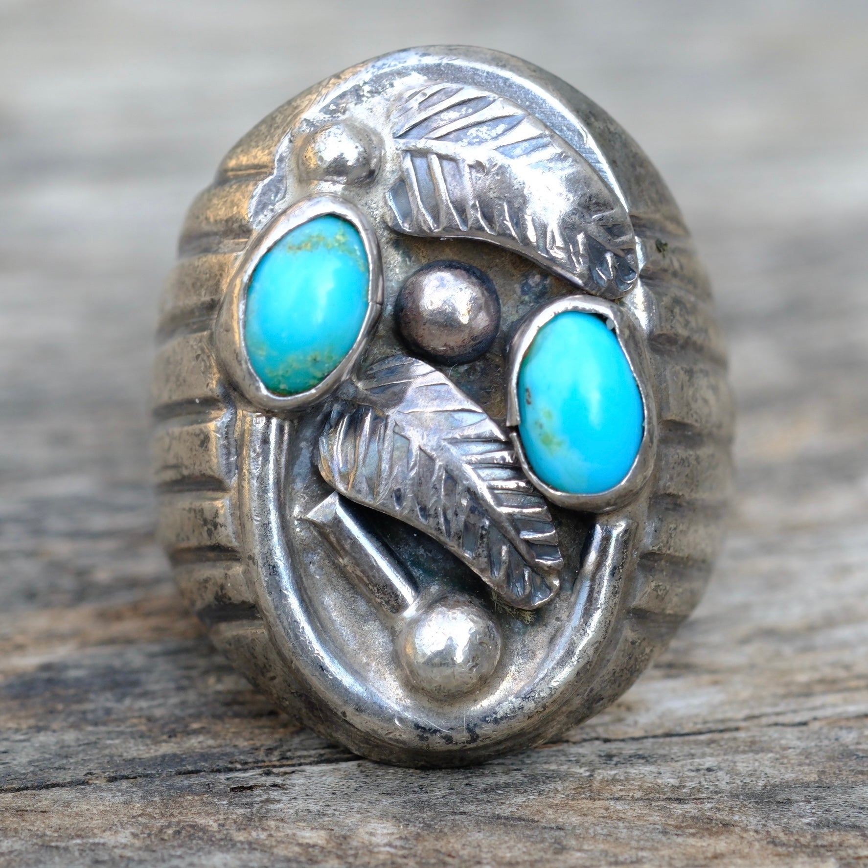 Vintage Sterling 2-Stone Turquoise Feather Ring 9.5