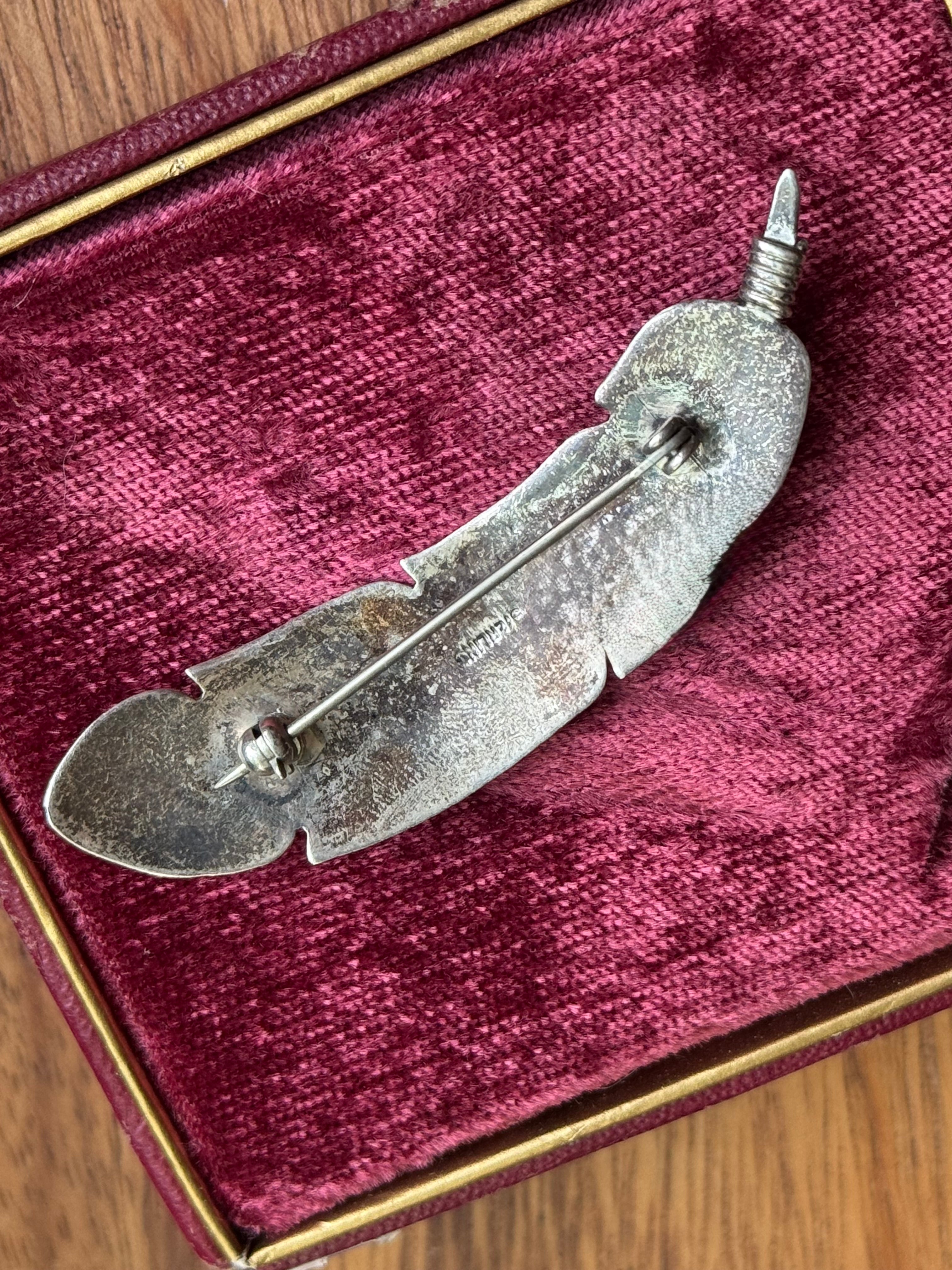 Vintage Sterling Silver Turquoise Feather Pin