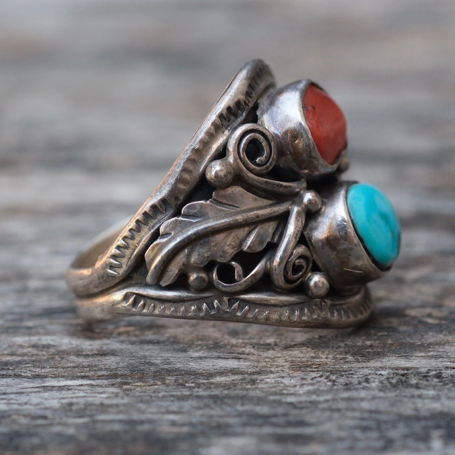 Vintage Sterling Turquoise and Coral Feather Ring 7.75