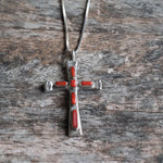 Vintage Sterling 7-Stone Coral  Cross Necklace