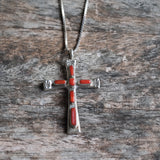 Vintage Sterling 7-Stone Coral  Cross Necklace