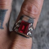 Vintage Sterling Red Glass Signet Ring 9.75