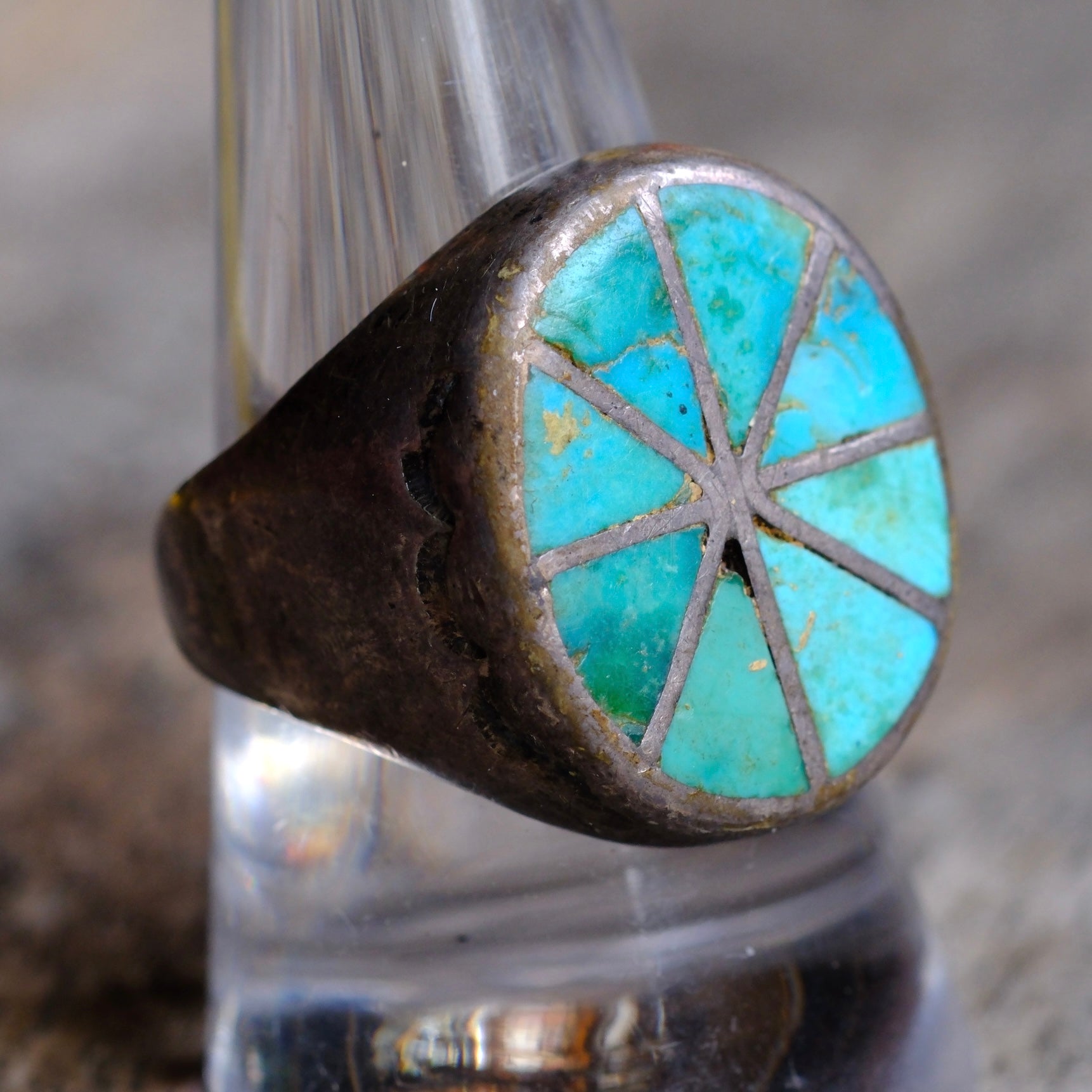 OLDER Vintage Sterling Turquoise Inlay Pinwheel Ring 9.75