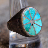 OLDER Vintage Sterling Turquoise Inlay Pinwheel Ring 9.75