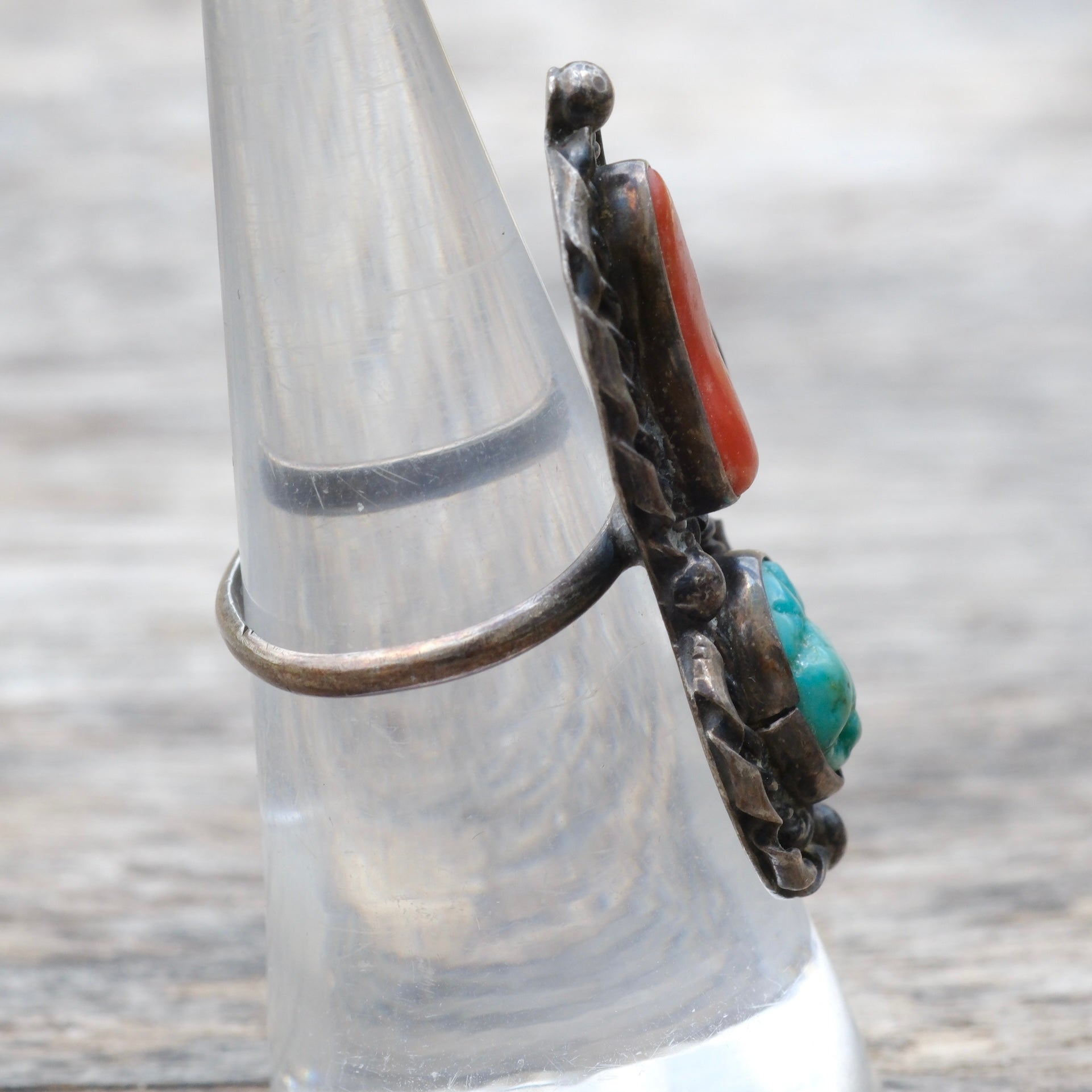 Vintage Sterling Turquoise and Coral Feather Ring 7.25