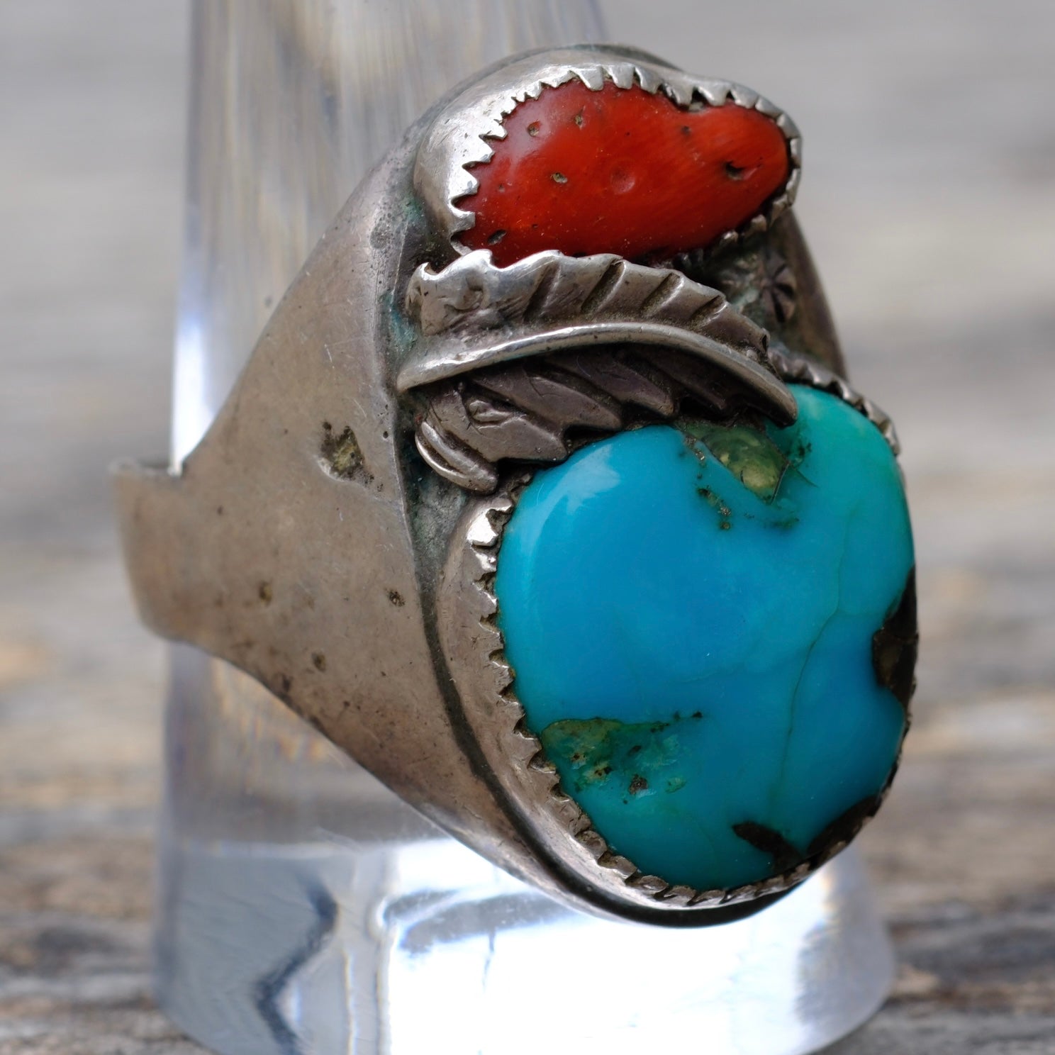 Vintage Sterling Turquoise and Coral Feather Ring 11