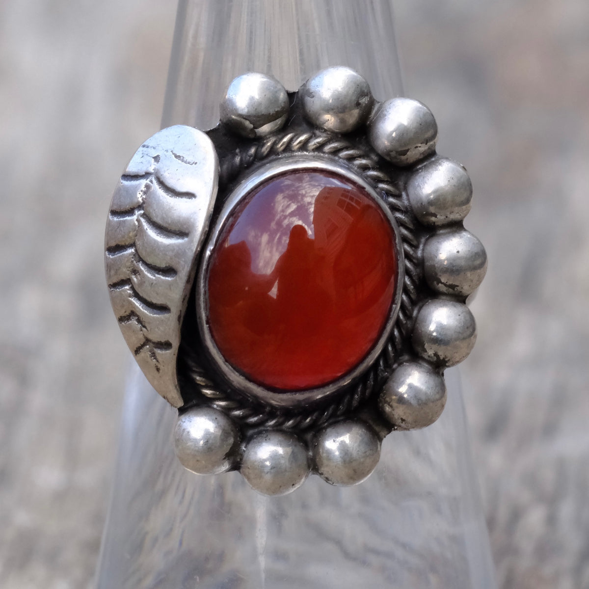 Vintage Sterling Red Glass Feather Ring 6.75