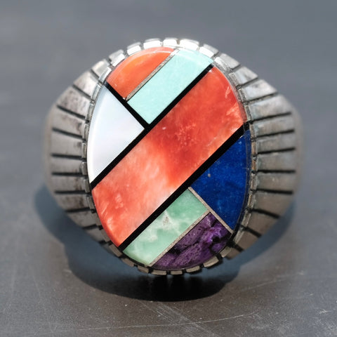 Vintage Sterling Multistone Inlay Ribbed Band Ring 9.75