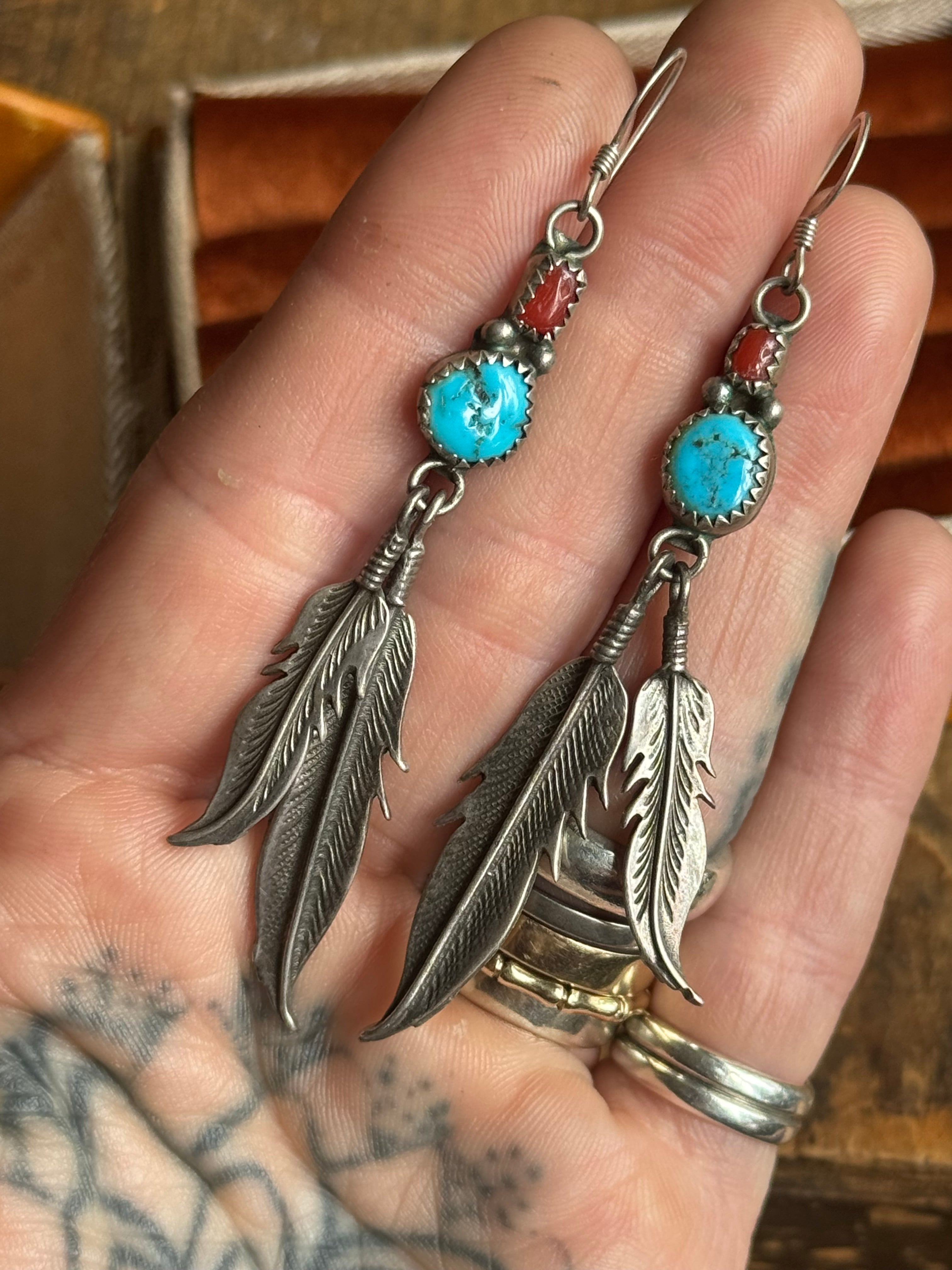 Vintage Sterling Silver Turquoise & Coral Feather Earrings