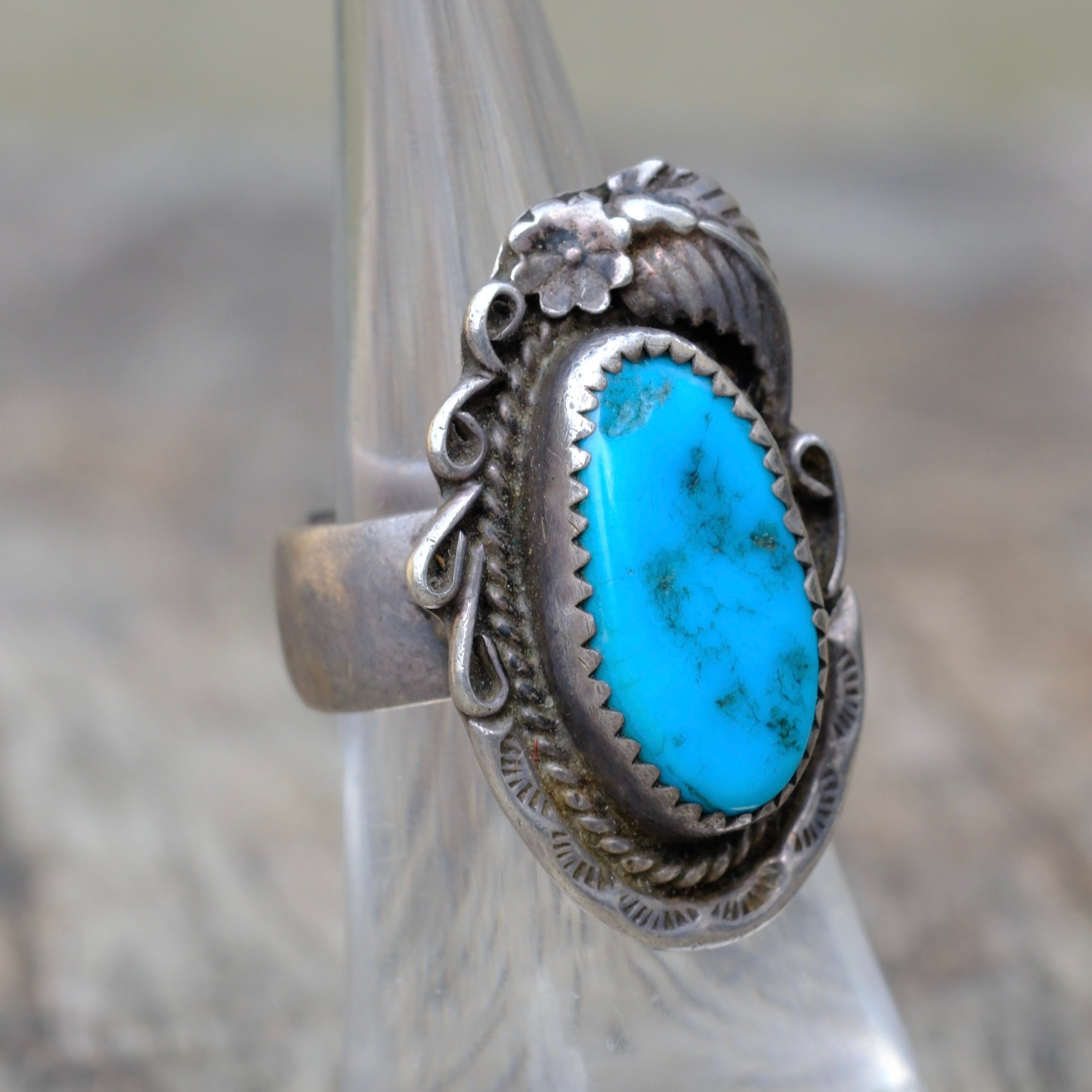 Vintage Sterling Turquoise Feather Ring 5.5