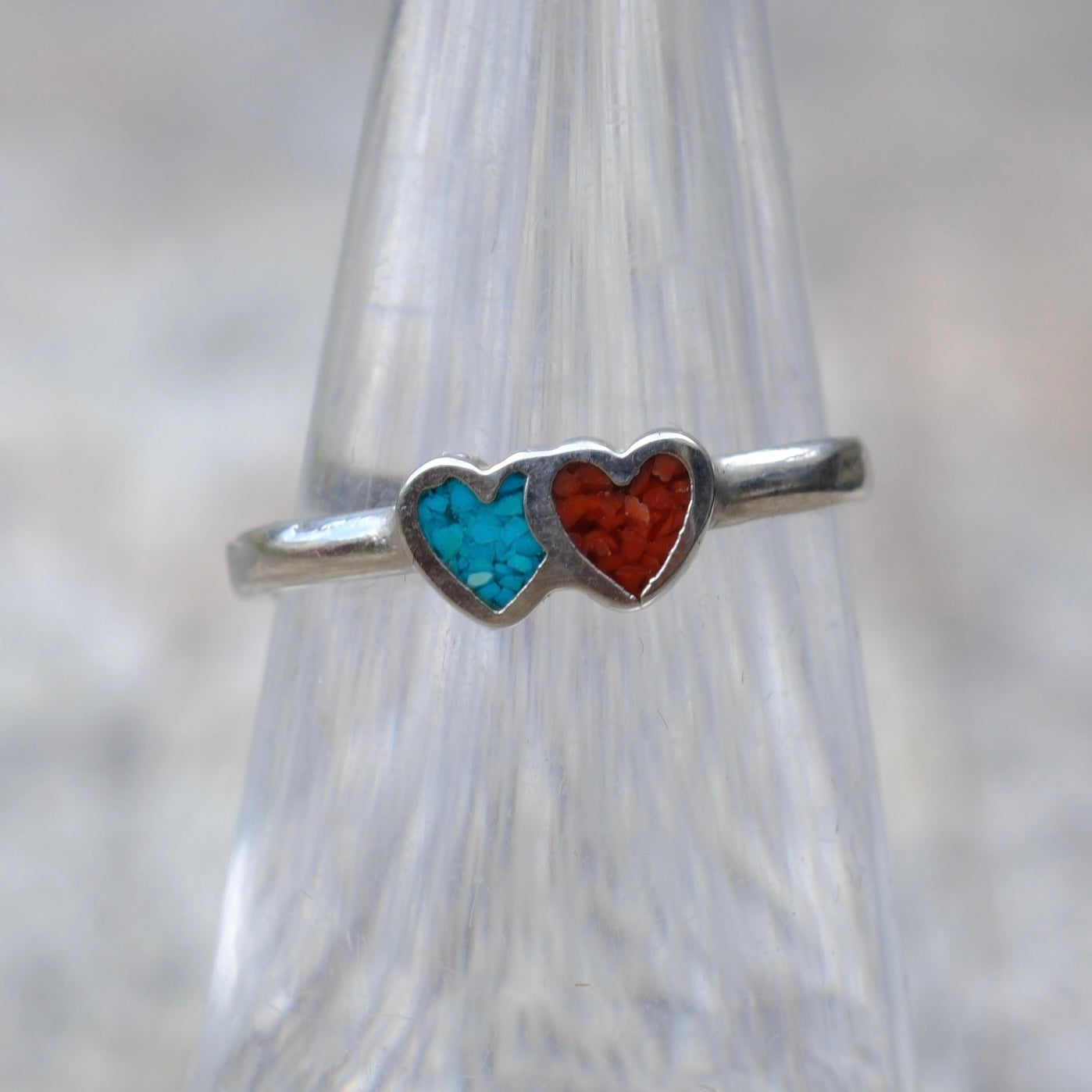 Vintage Sterling Silver Crushed Coral & Turquoise Heart Ring 5.25