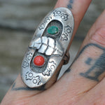 Vintage Sterling Turquoise and Coral Feather  Shadowbox Ring 7.5