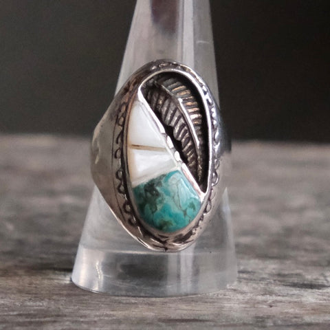 Vintage Sterling Turquoise and Mother oF Pearl Ring 10.25