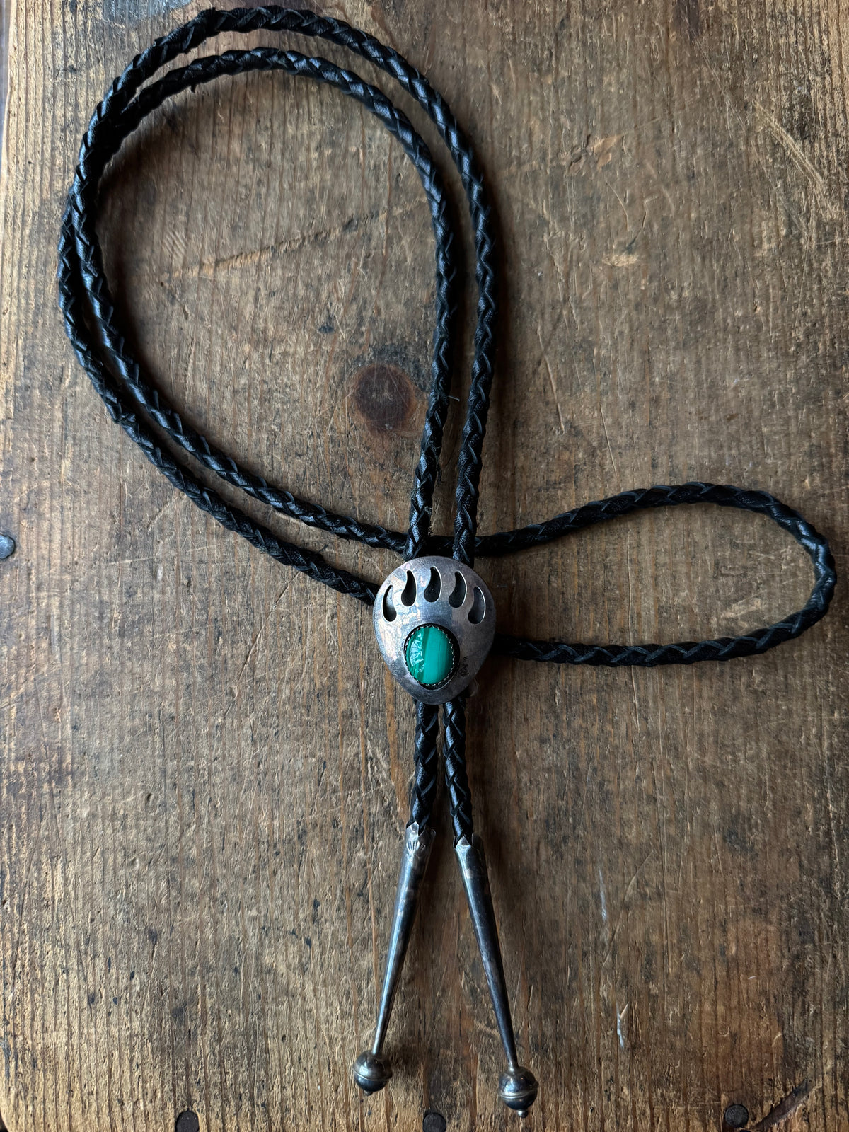Vintage Sterling Silver Malachite Bear Claw Bolo