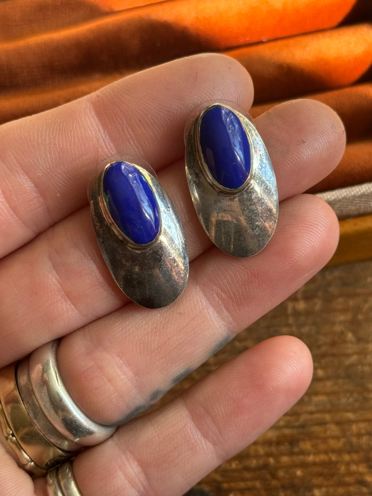 Vintage Sterling Silver Lapis Concho Earrings