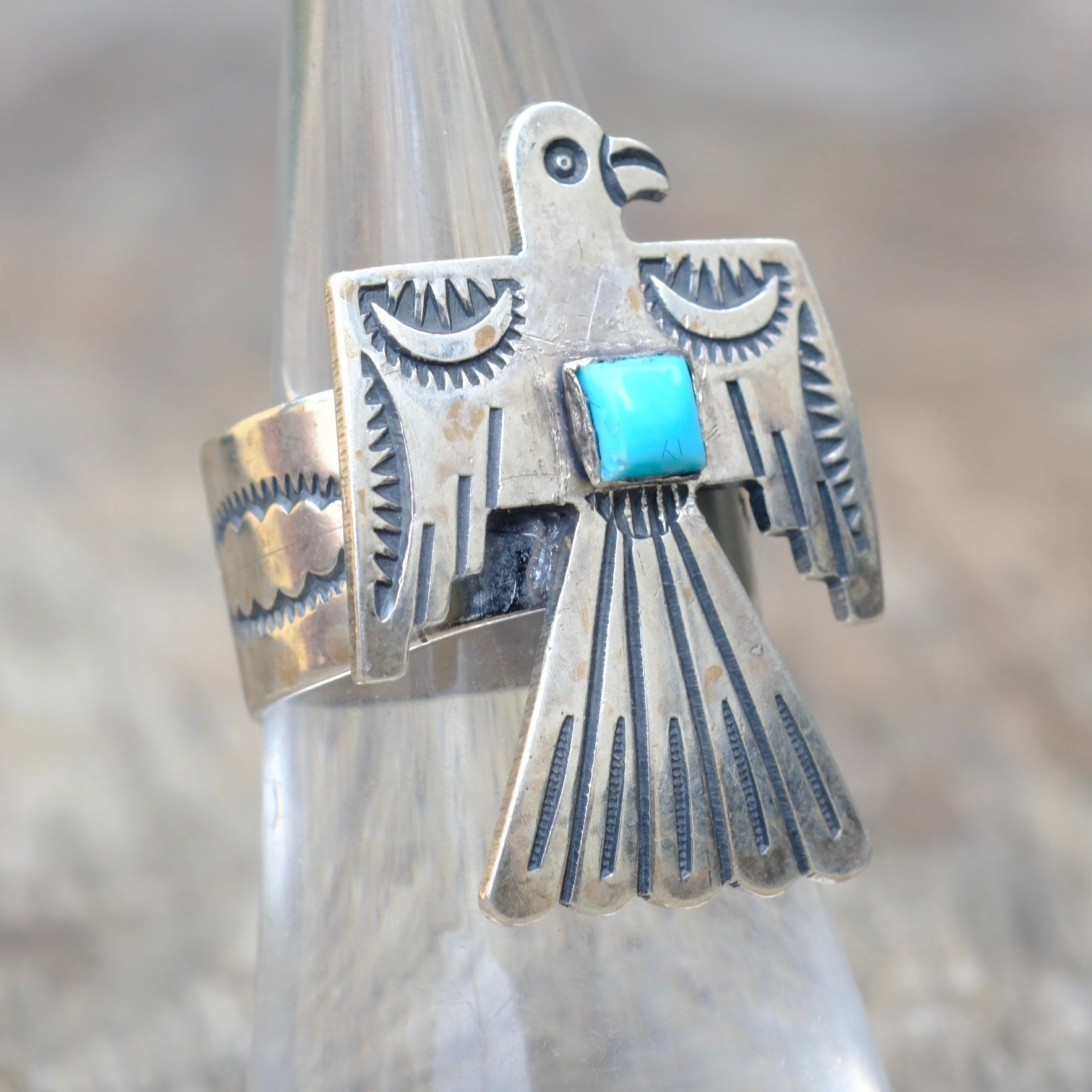 Vintage Sterling Turquoise Thunderbird Ring 7.25