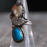 Vintage Sterling Turquoise and Oyster Feather Ring 6.75