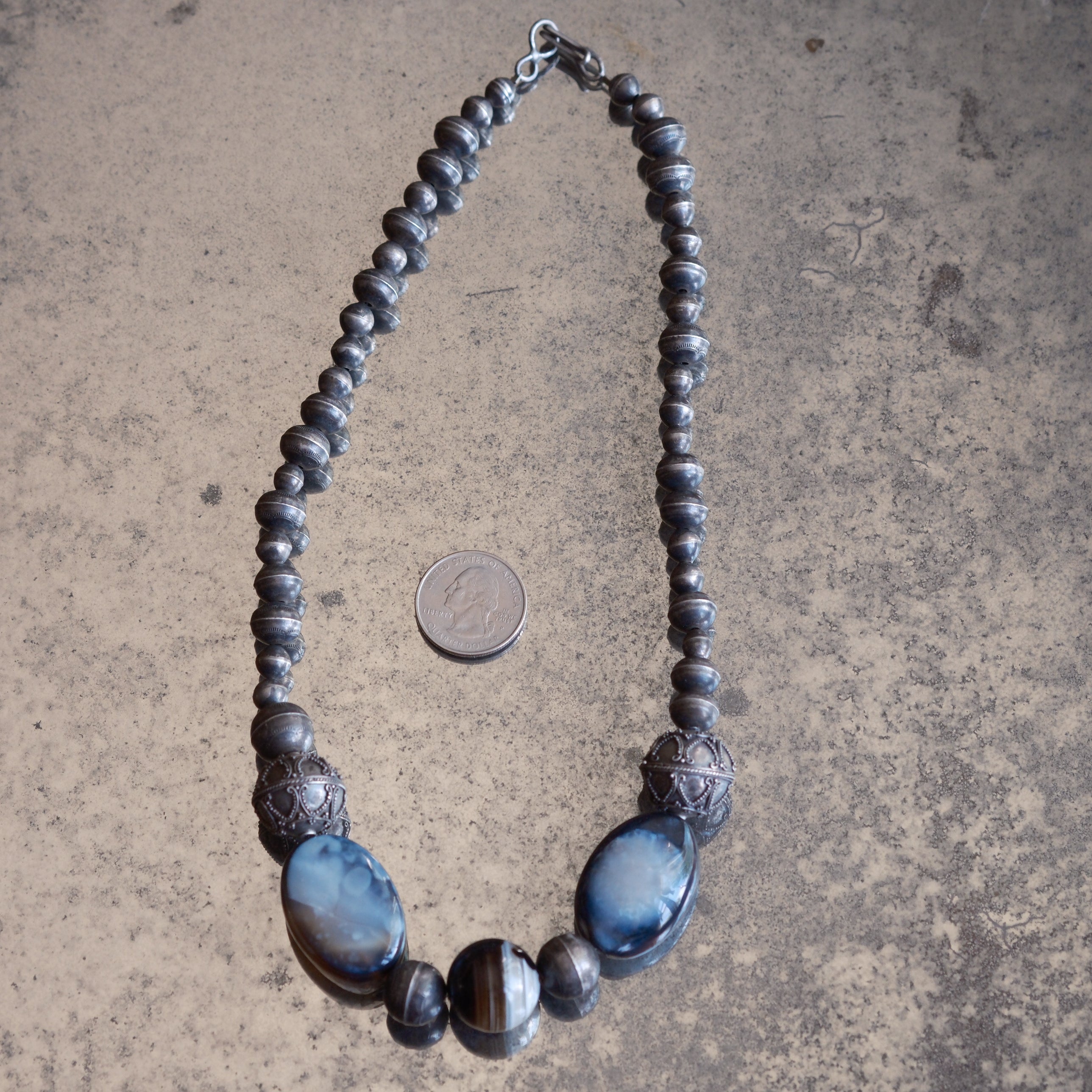 Vintage Sterling Navajo Pearl and Agate Stones Necklace 20"