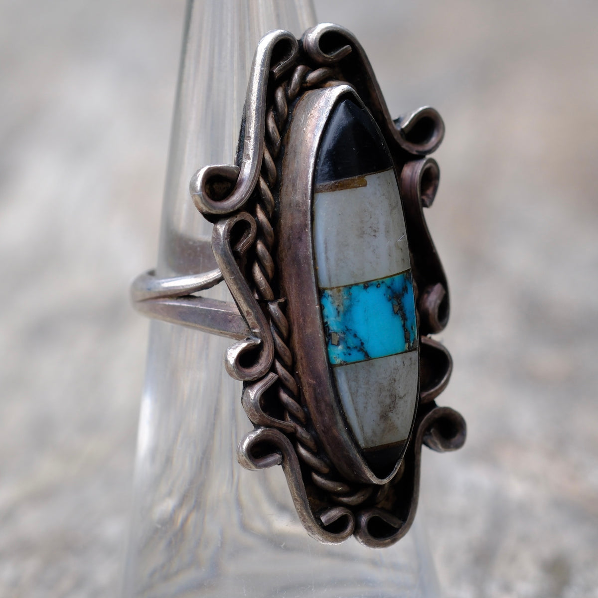 Vintage Sterling Multi Stone Inlay Ring 5.5