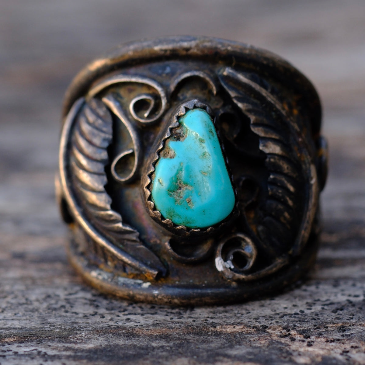 Vintage Sterling Turquoise Feather Ring 10.5