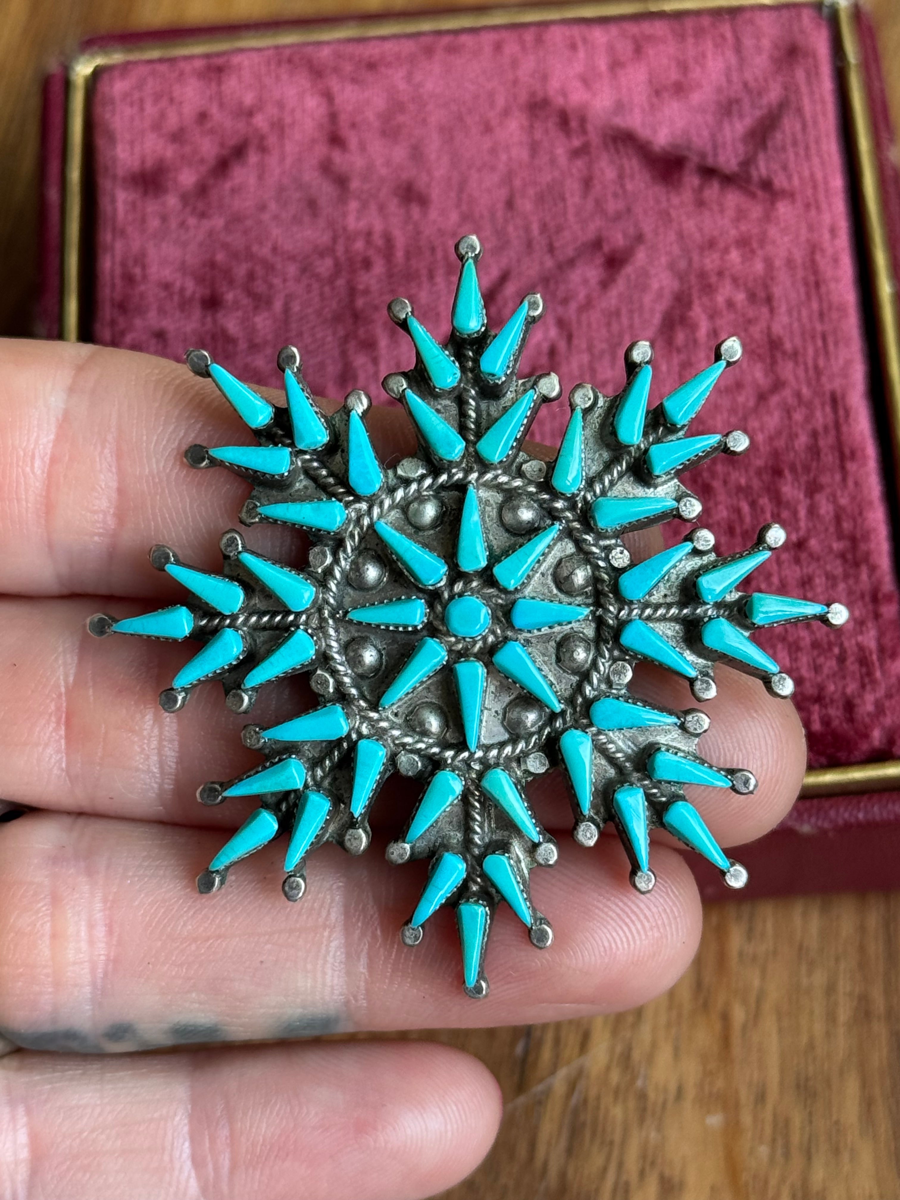 Rare Vintage Sterling Silver Zuni Turquoise Snowflake Pin/Pendant by Vera Halusewa