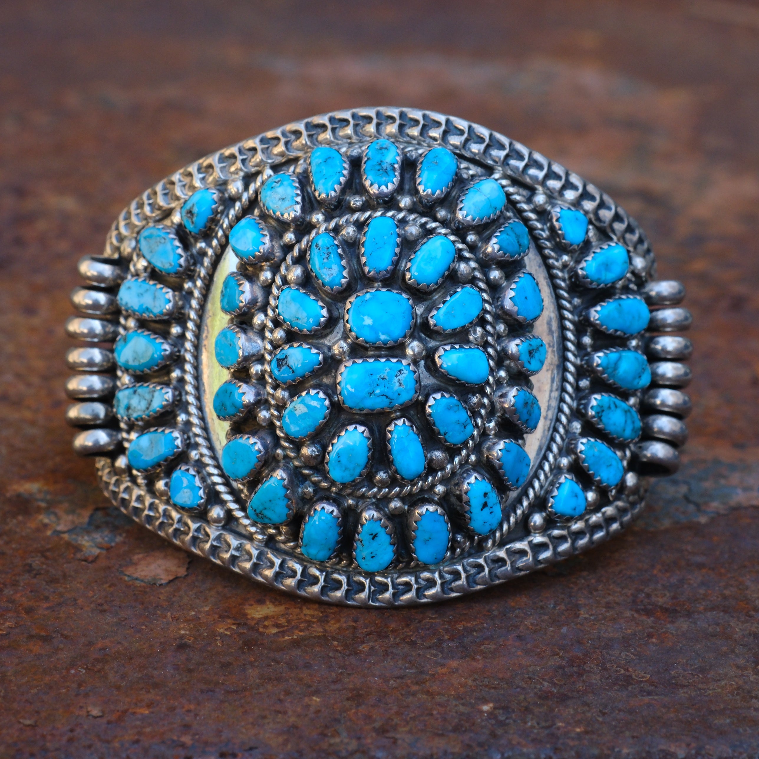 Huge Vintage Sterling Turquoise Inlay Cluster Cuff