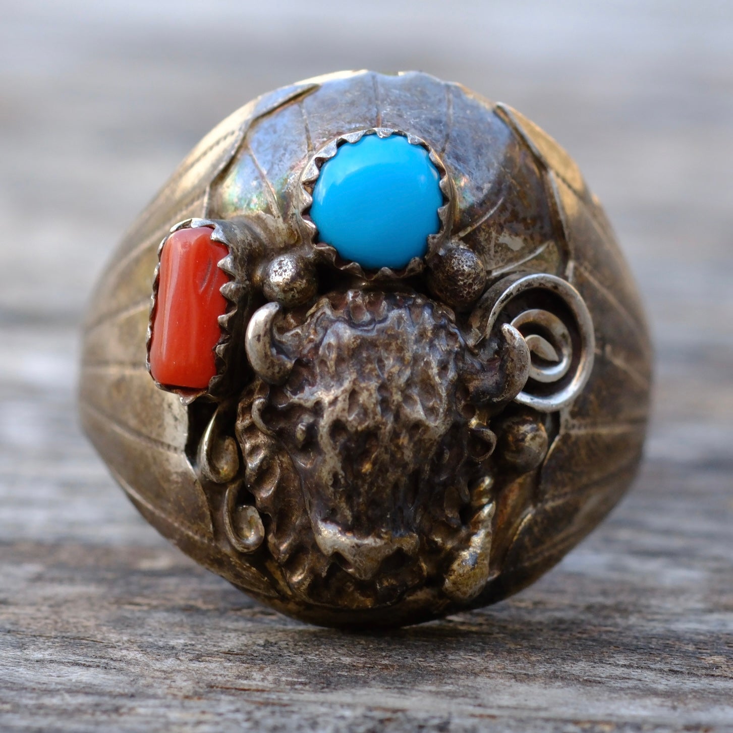 Vintage Sterling Turquoise and Coral Buffalo Ring 11.5