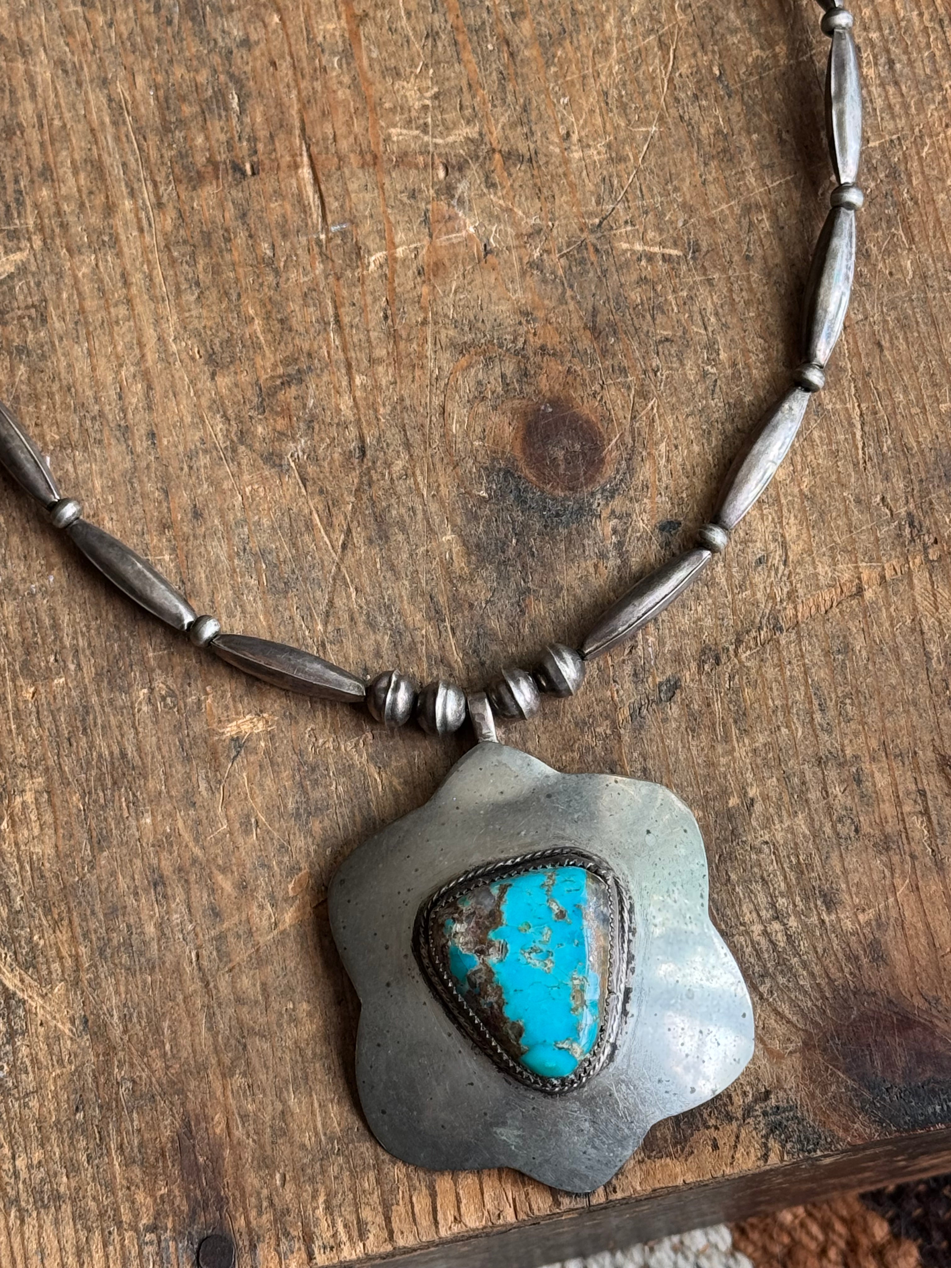 Vintage Turquoise Flower & Sterling Bead Necklace
