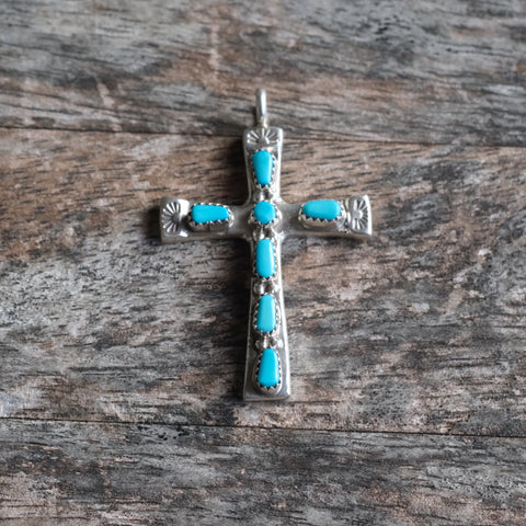 Vintage Sterling 7-Stone Coral  Cross Necklace