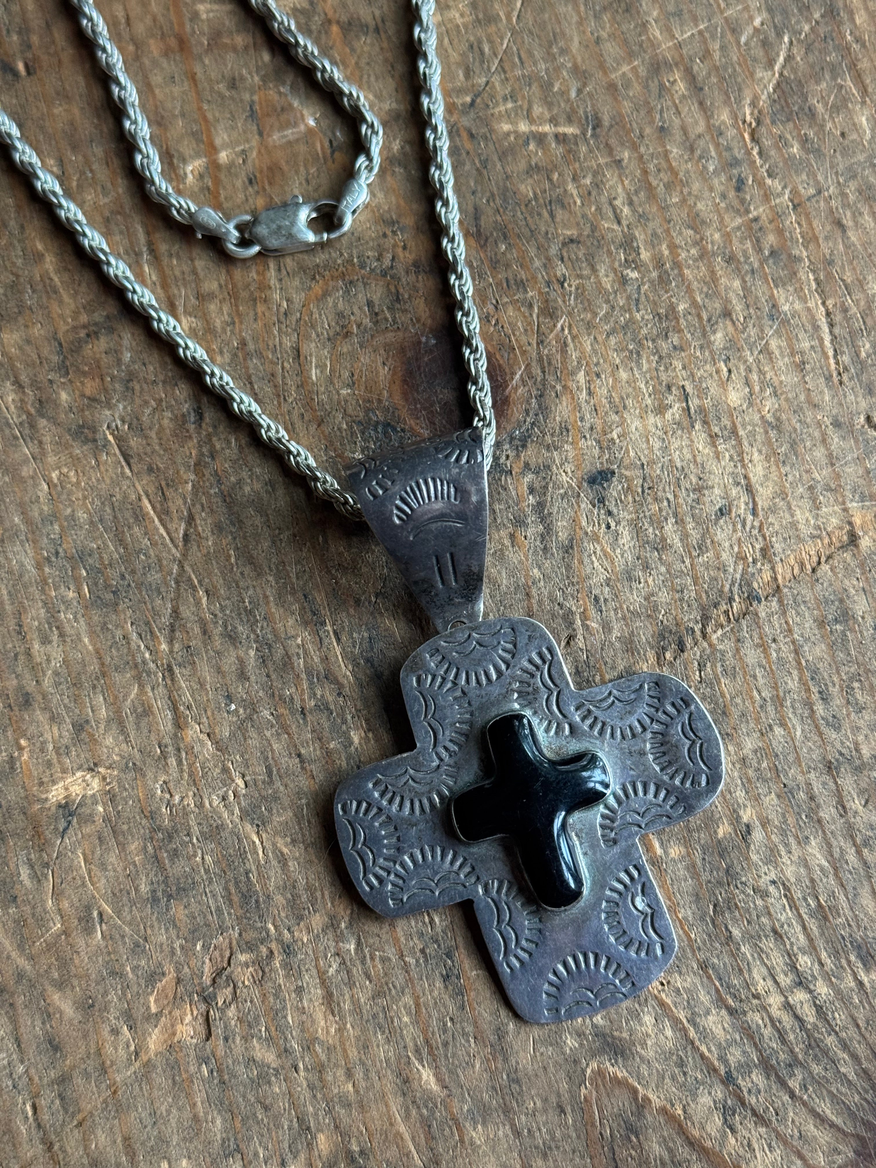 Vintage Sterling Silver Onyx Stamped Cross Necklace