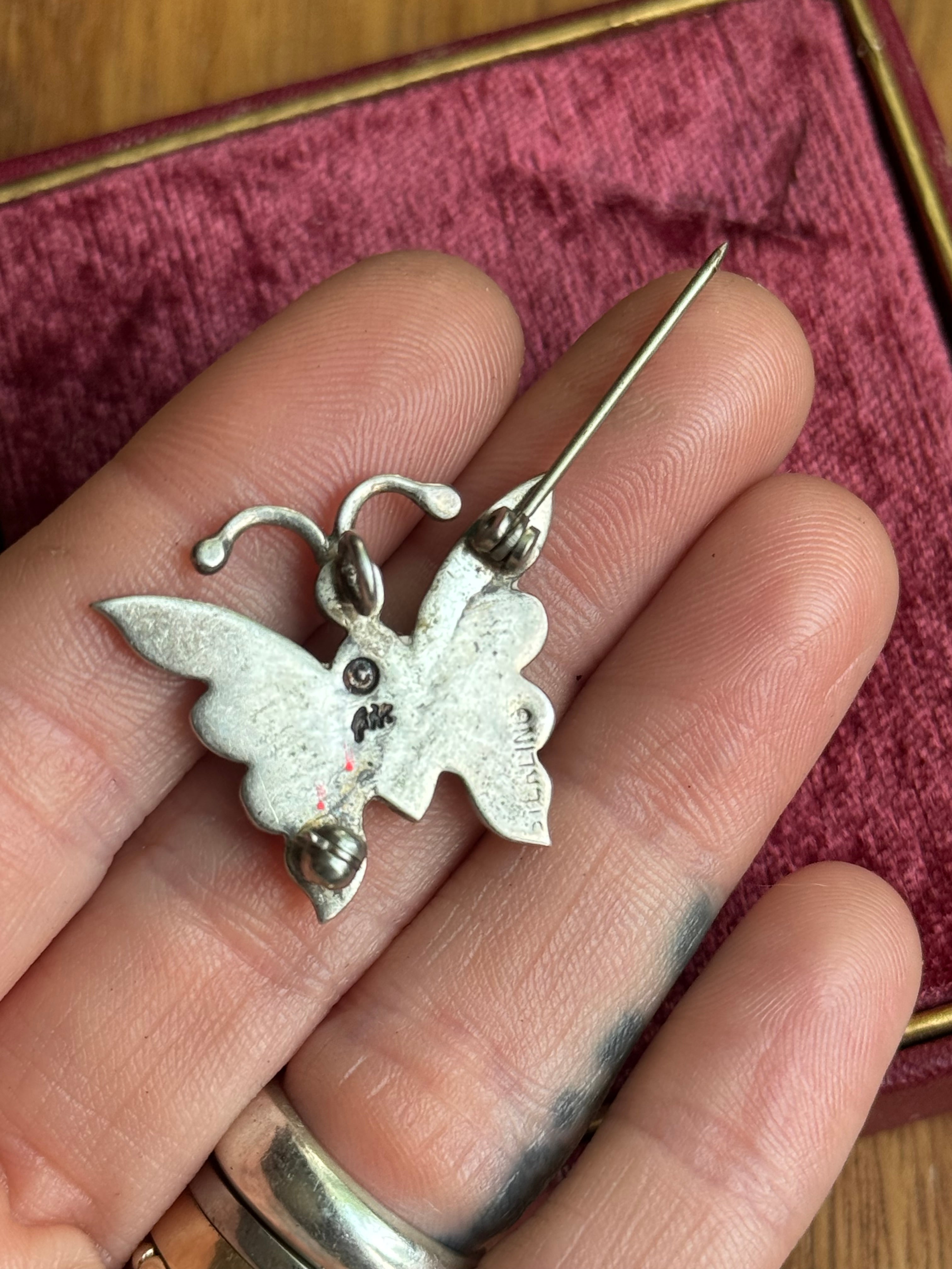 Vintage Sterling Silver Multistone Inlay Butterfly Pin