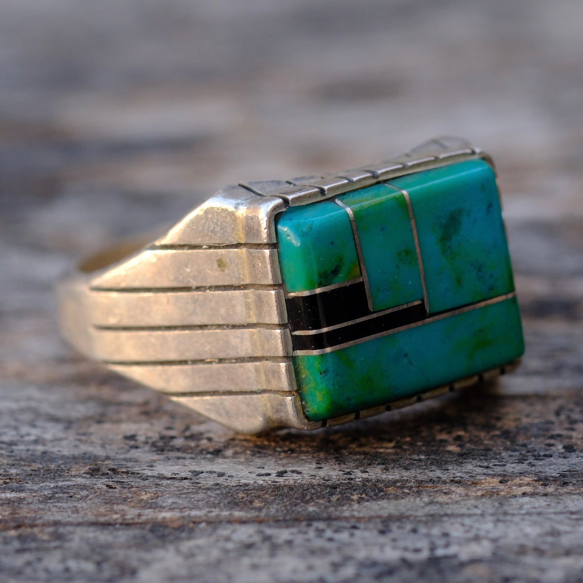Vintage Sterling Malachite and Onyx Inlay Ring 12.75