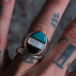 Vintage Sterling Turquoise MOP and Jet Inlay Ring  9.75