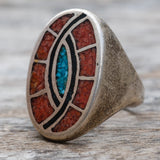 Vintage Sterling Crushed Turquoise and Coral Hummingbird Inlay Ring 10.25