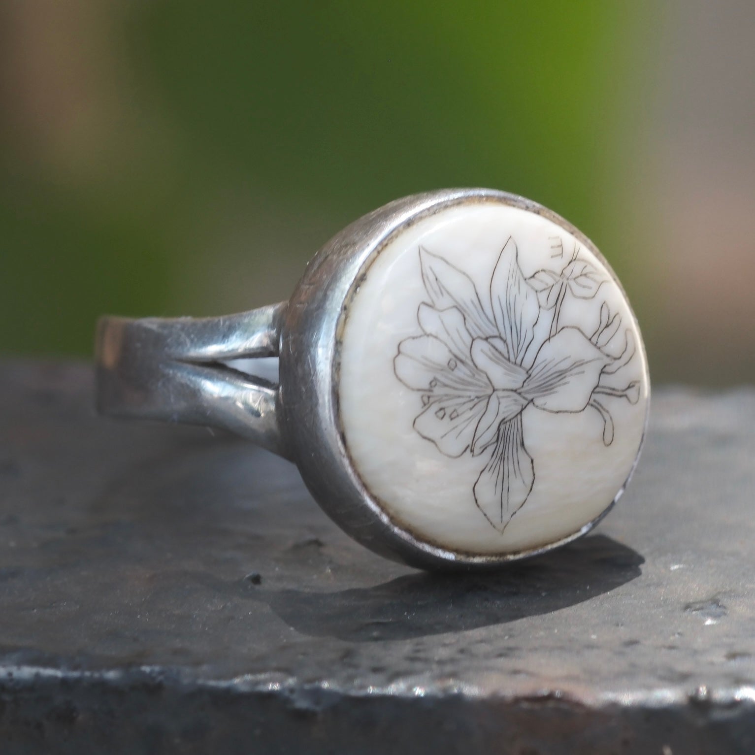 Vintage Sterling Scrimshaw Flower Ring 6.75