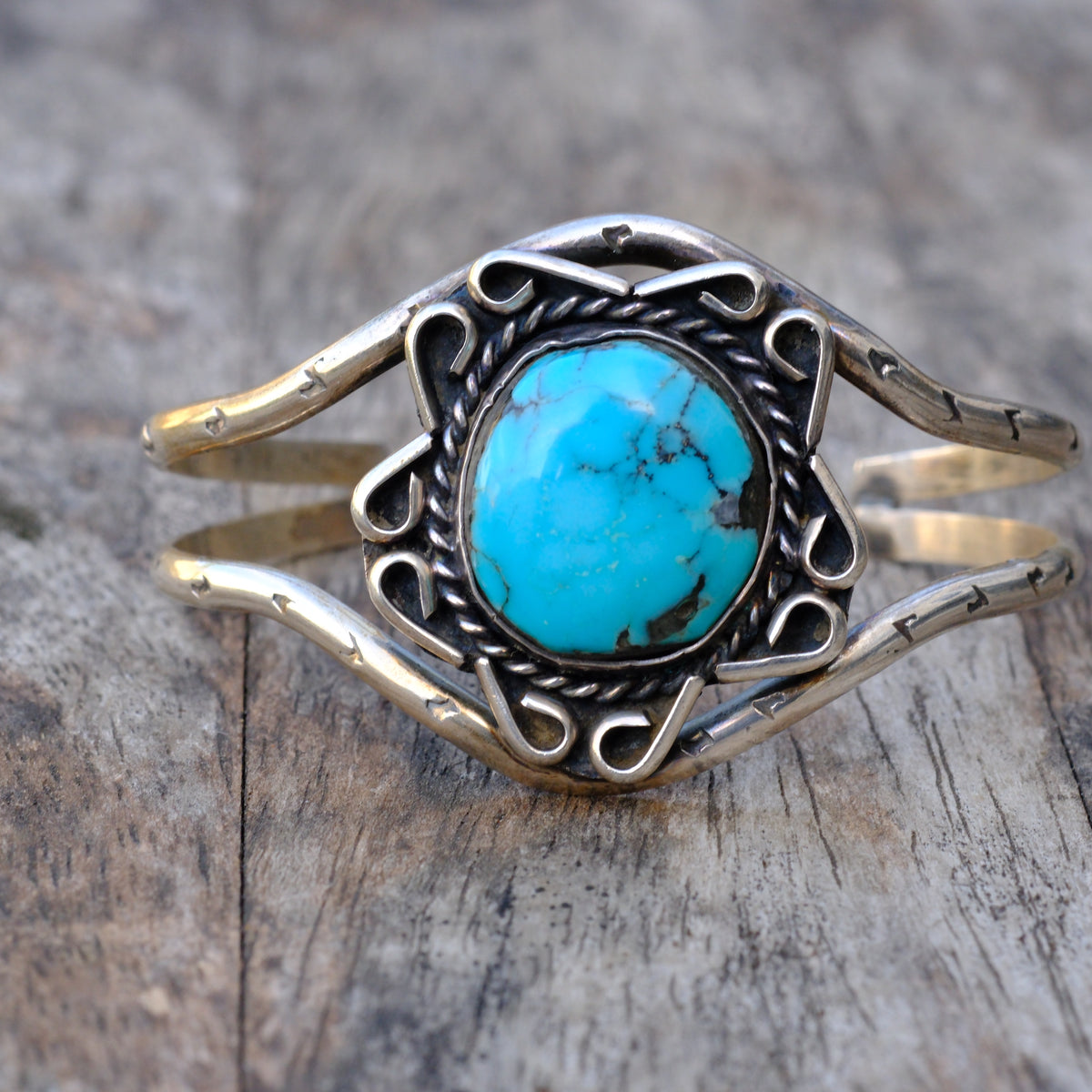 Vintage Sterling Turquoise Florette Cuff Bracelet