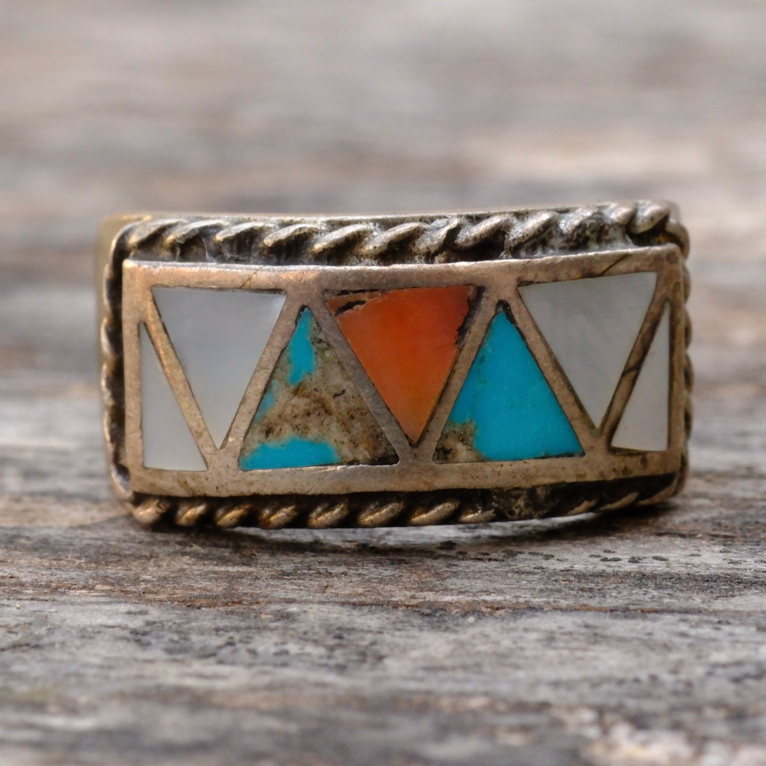 Vintage Sterling Turquoise Spiny Oyster and MOP Inlay Band Ring 10.75